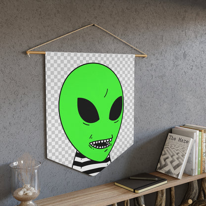 Green Alien Sharp Teeth Mouth Striped Black White Shirt Visitor Pennant