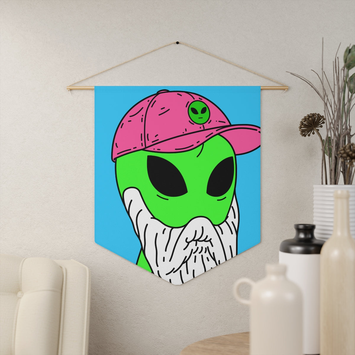 Bearded Green Visitor Pink Alien Hat Cartoon Comic Pennant