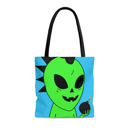 Green Alien Black Spiked Hair Calabaza Cara Bomba Visitante AOP Bolsa de tela 