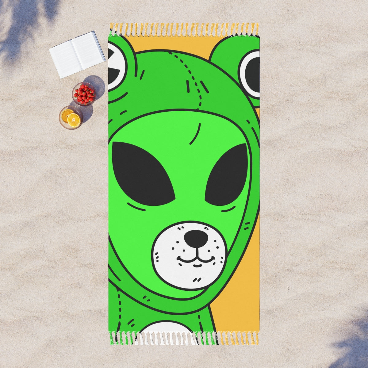 Green KekFrog Alien Space Character Cartoon Dog Bear Face Visitor Boho Beach Cloth