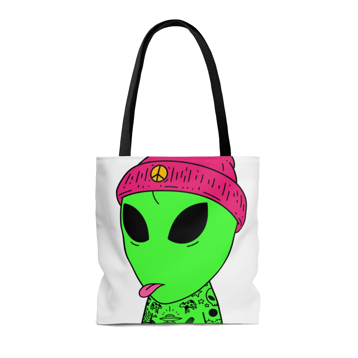 Pink Tongue Peace Hat Alien Tattoos UFO Space Extraterrestrial Visitor AOP Tote Bag