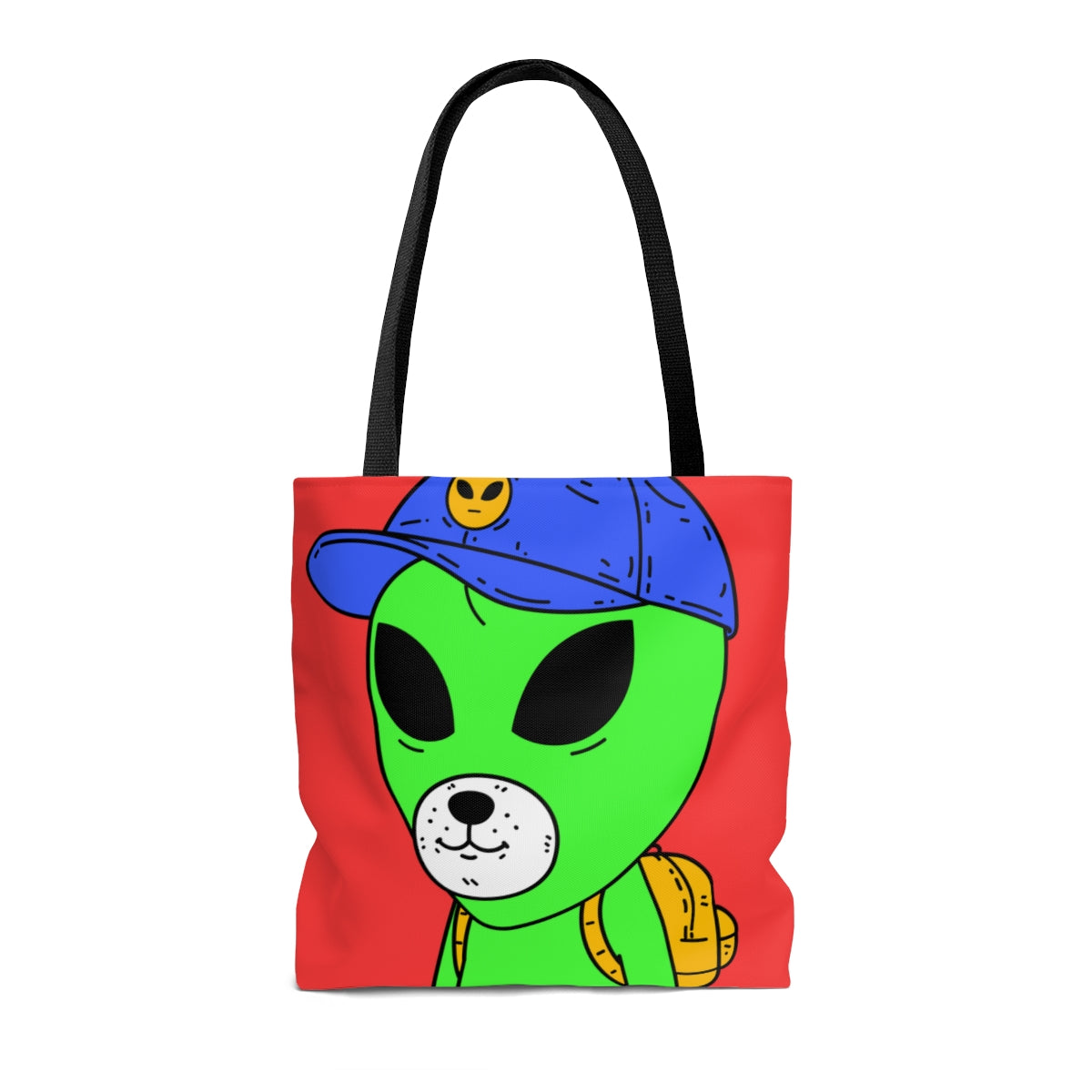 White Dog Bear Mouth Alien Green Visitor Yellow Backpack Blue Visi Hat AOP Tote Bag