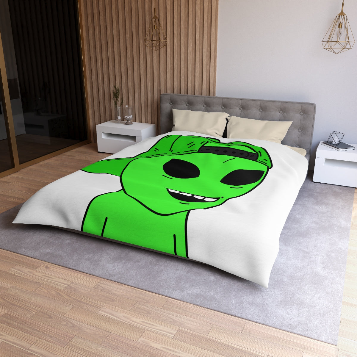 The Green Alien Visitor with Hat Microfiber Duvet Cover