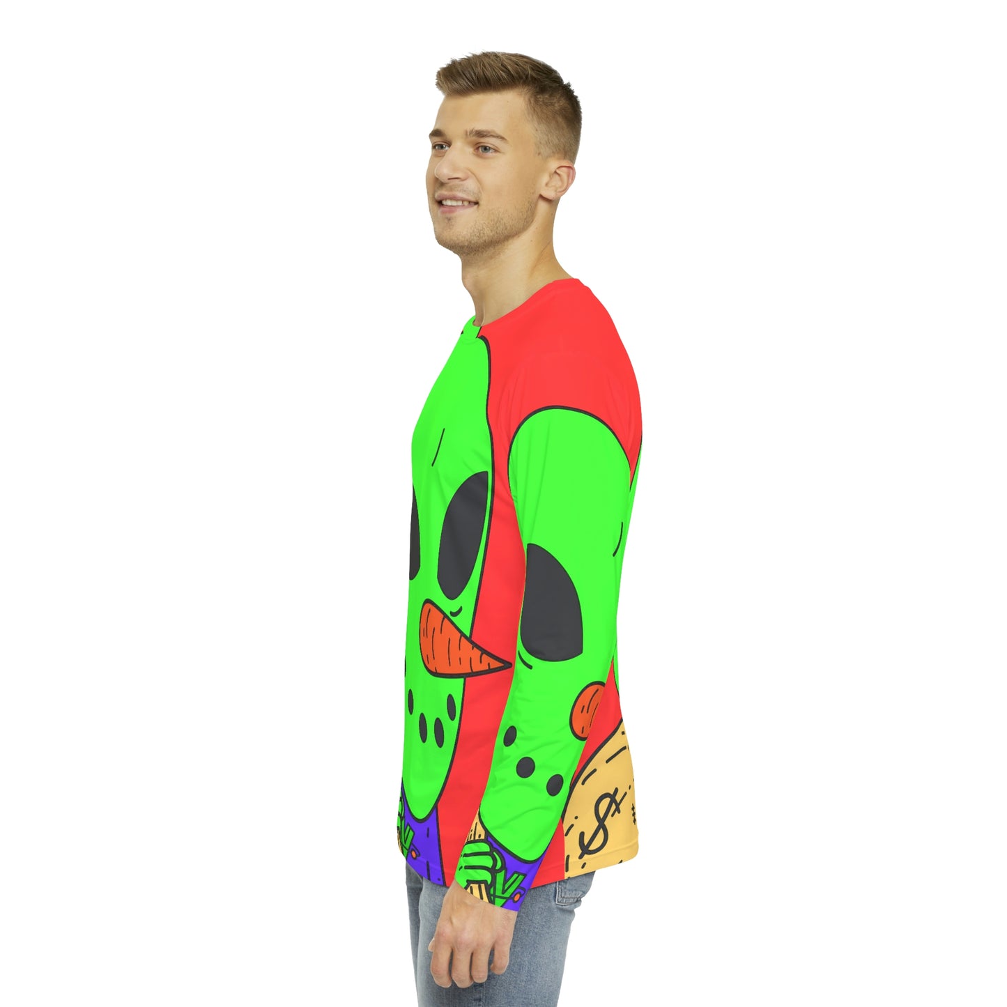 Money Bank Bag Snowman Green Visitor Alien Men's Long Sleeve AOP Shirt