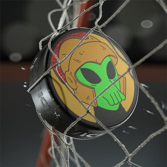 Green Spartan Helmet Alien Squid Mouth Visitor Hockey Puck