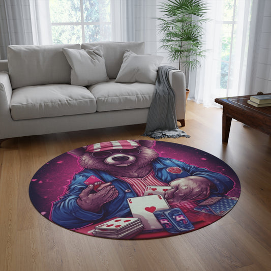 Patriotic Bear Playing Poker: A Winning Hand 4th of July Celebration Round Rug