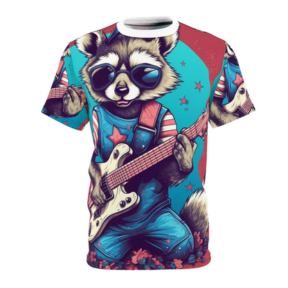 Patriotic Rock 'n' Roll Raccoon: Furry Guitar Player Unisex Cut & Sew Tee (AOP)