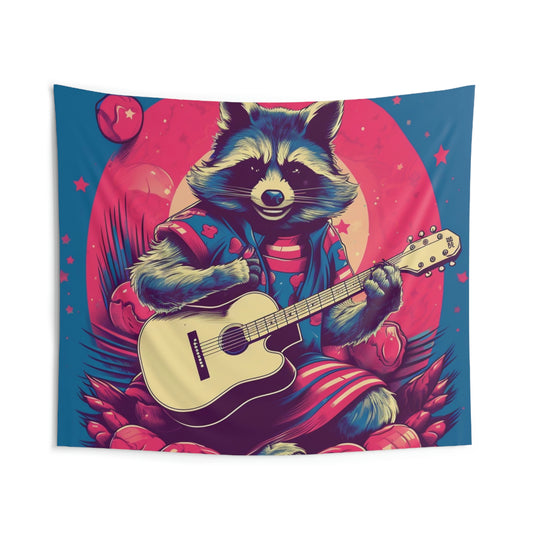 Acoustic Guitar Raccoon Art - Furry Animal Rock Classic Indoor Wall Tapestries