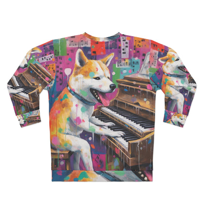 Arte estilo graffiti Shiba Inu tocando el piano: sudadera unisex colorida, feliz y post-apocalíptica (AOP) 