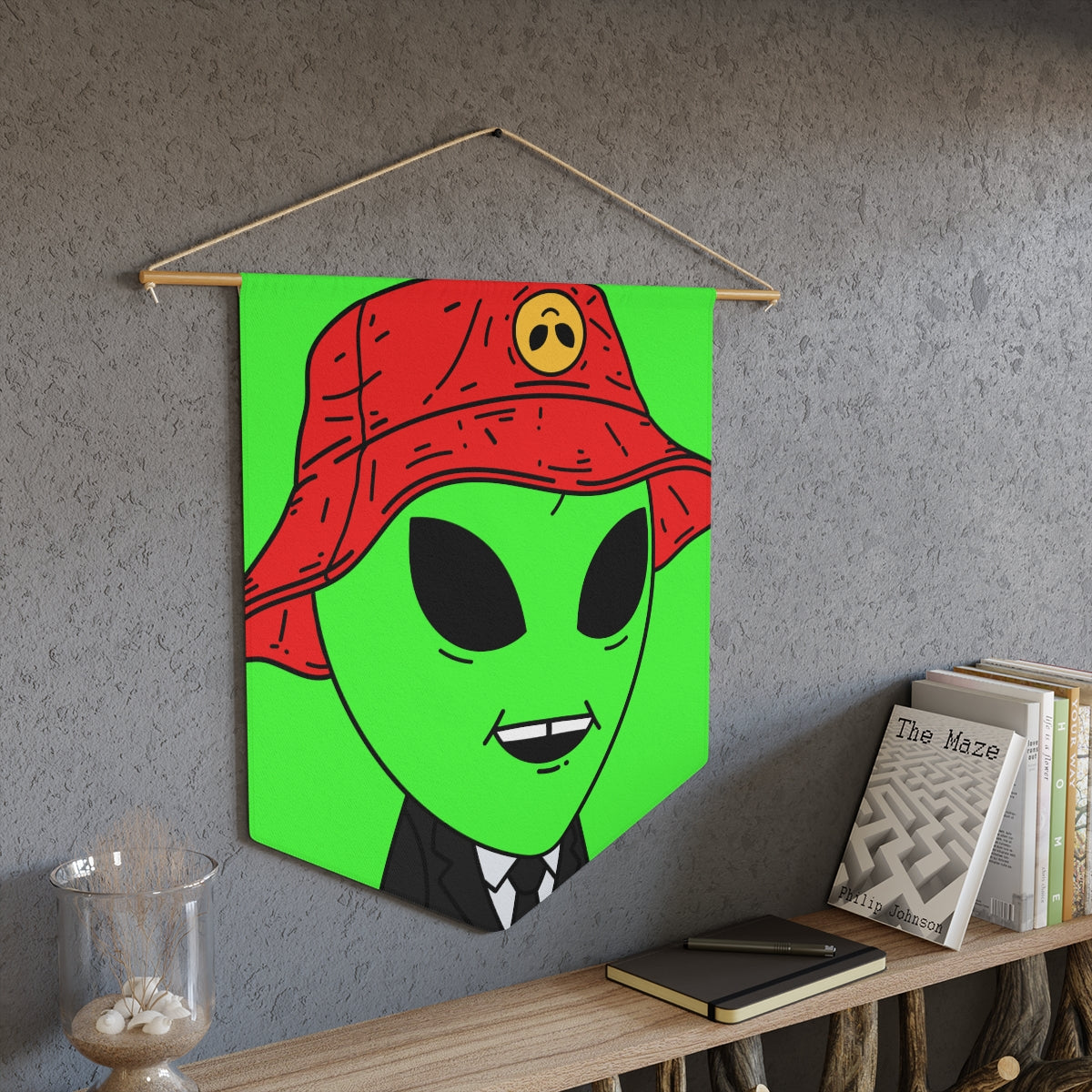 Extra Green Alien Black Suit Business Visitor Red Visi Hat Chipped Tooth Smile Pennant