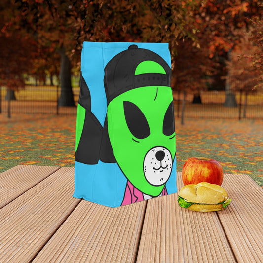 White Bear Dog Face Pink Suit Green Alien Visitor Black Cap Polyester Lunch Bag