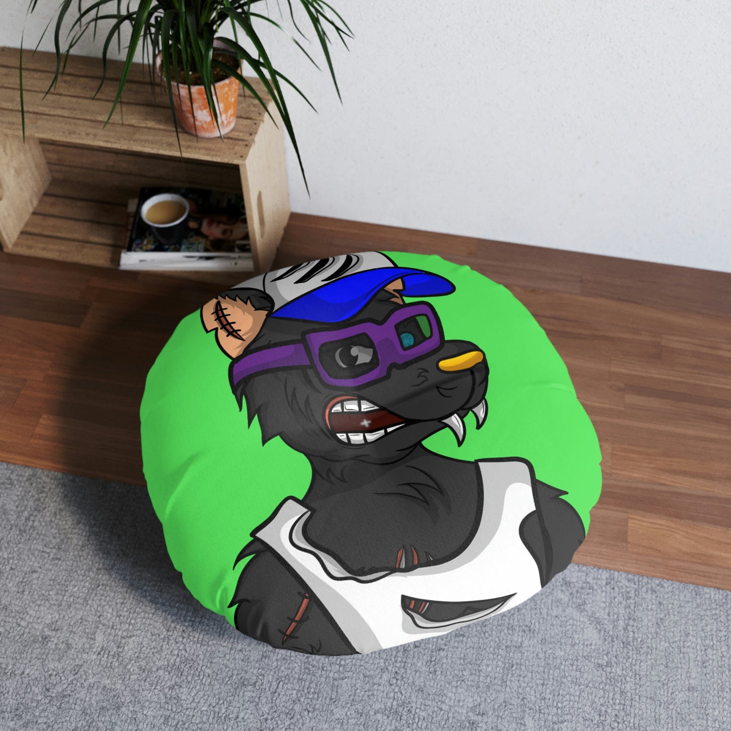 Trucker Wolf Cyborg Tufted Floor Pillow, Round