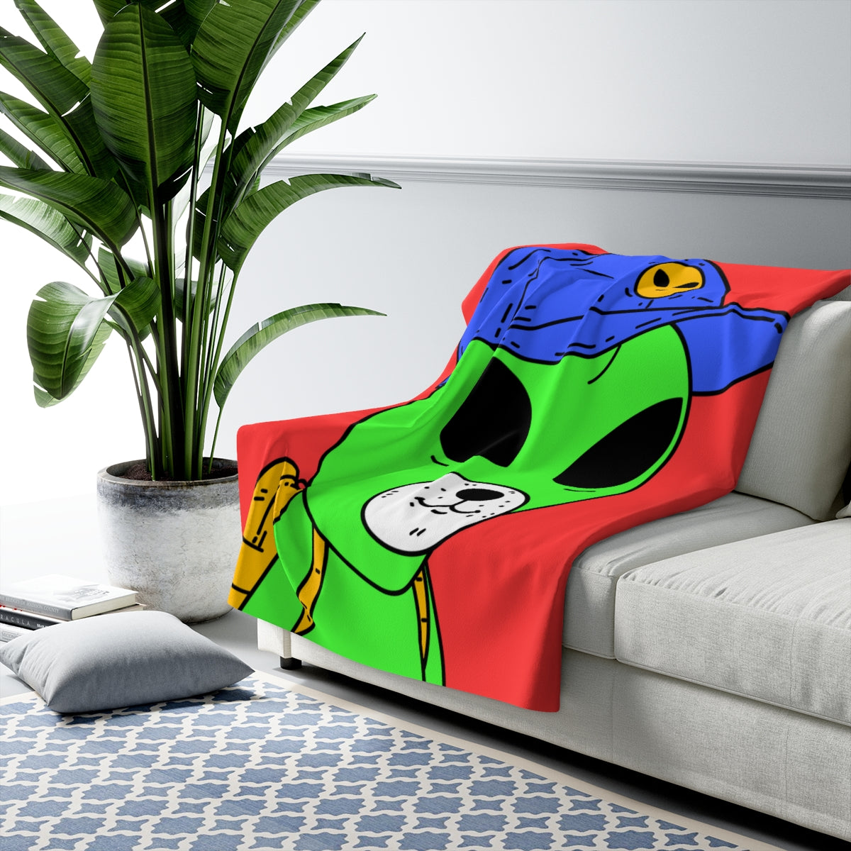 White Dog Bear Mouth Alien Green Visitor Yellow Backpack Blue Visi Hat Sherpa Fleece Blanket