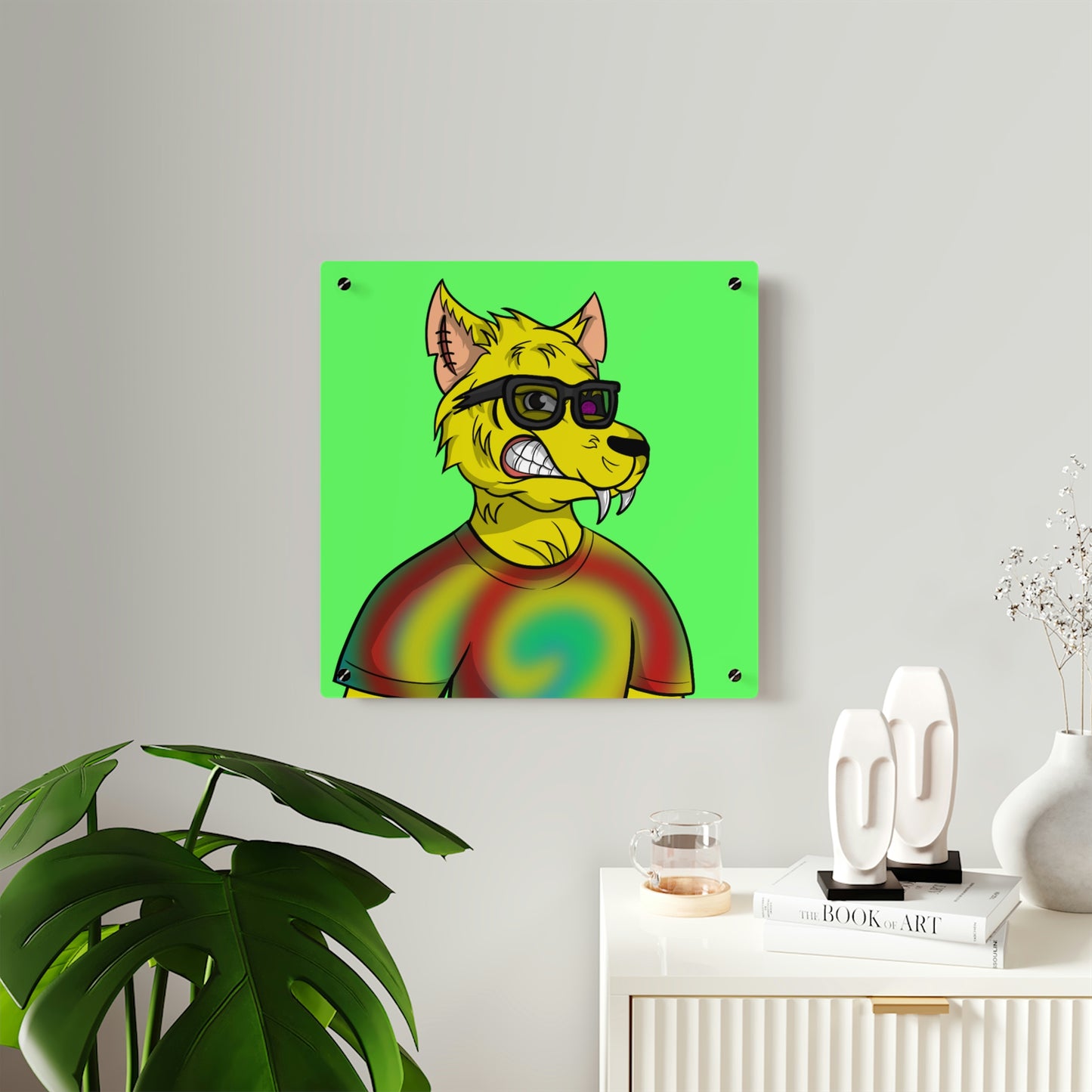 Wolve Cyborg Tie Dye Wolf Shirt Yellow Fur Cool Sun Glasses Acrylic Wall Art Panels