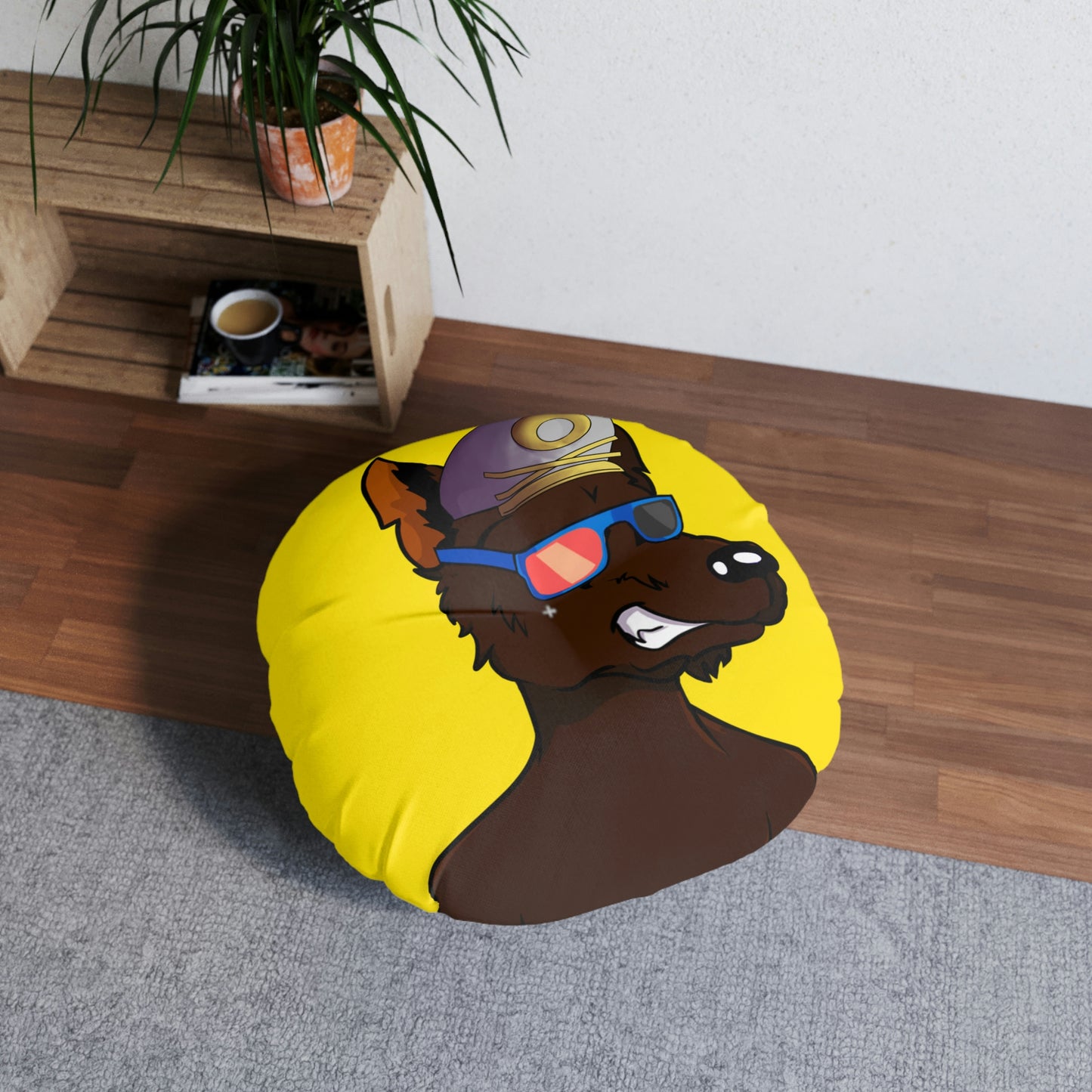 Wolf Cyborg Sailor Hat Shirtless Sunglasses Brown Fur Tufted Floor Pillow, Round