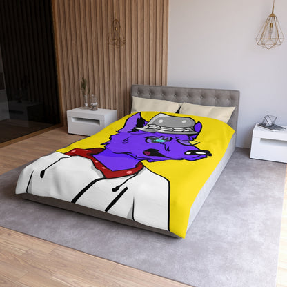 Cyborg Wolf Round Frame Glasses Fedora Hat White Sweatshirt Hoodie Purple Fur Microfiber Duvet Cover