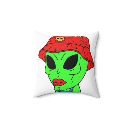 Old Green Alien Strong Chin Red Visi Hat Farmer Trouser Visitor Spun Polyester Square Pillow