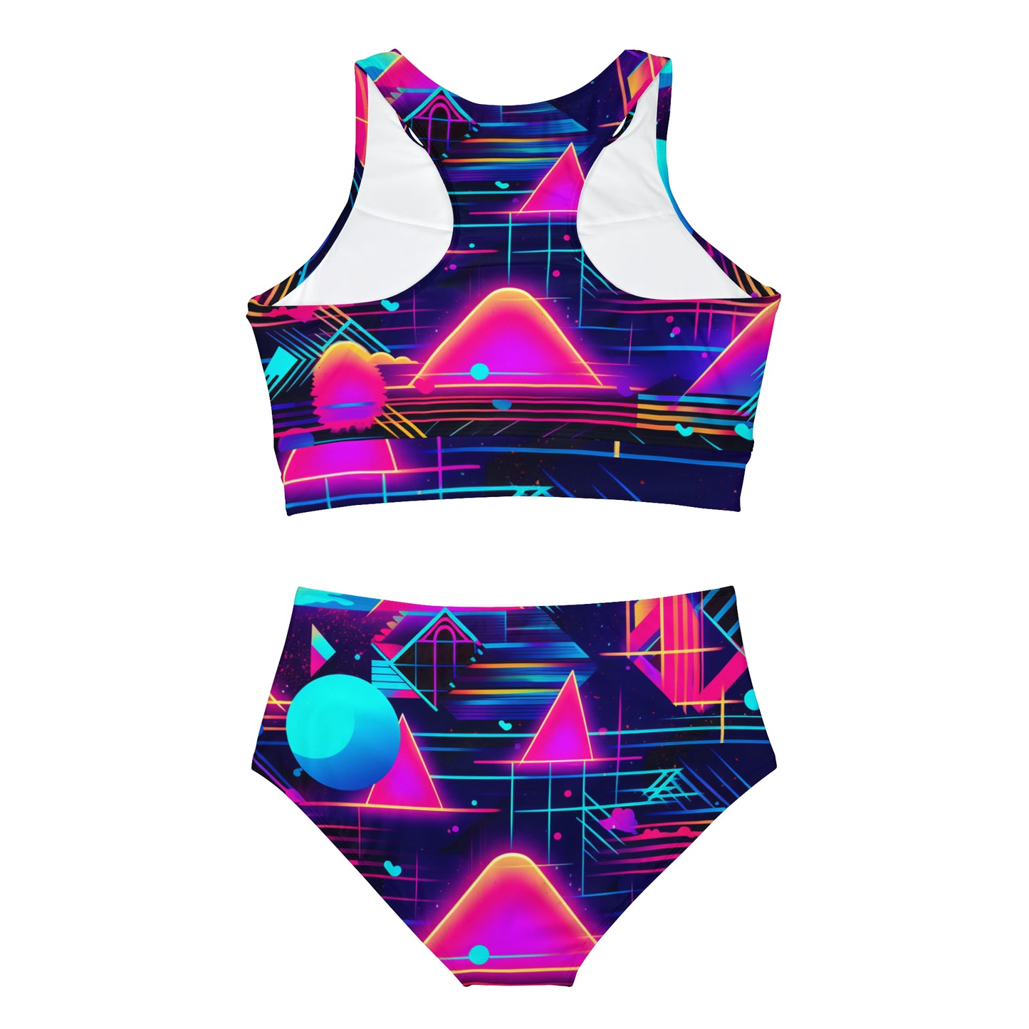 80s Synthwave Retro-Futuristic Inspired Pattern Design Sporty Bikini Set (AOP)