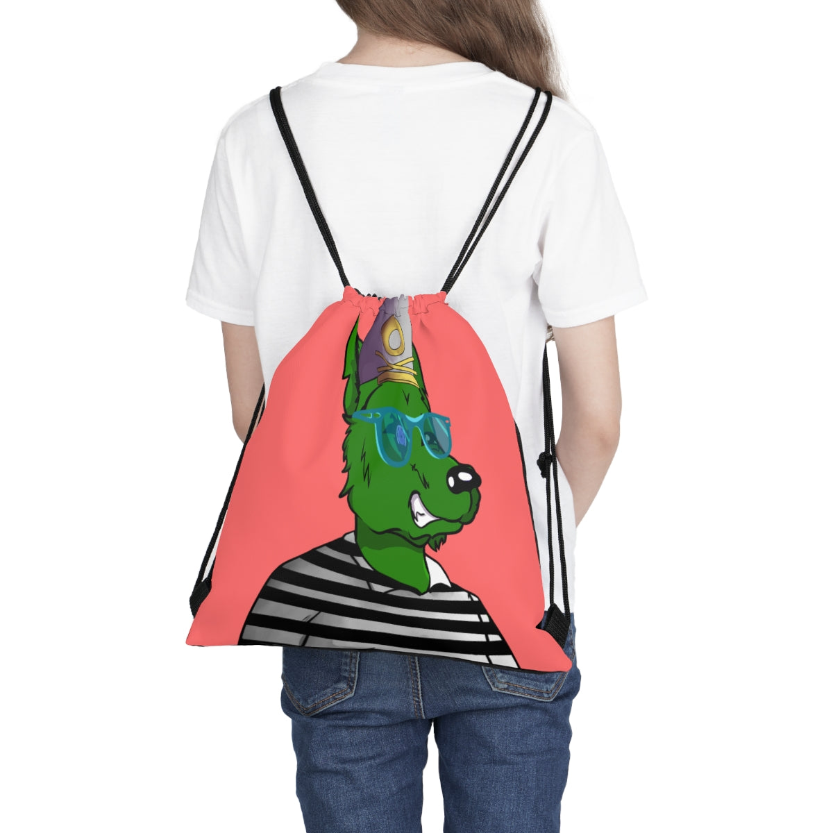 Cyborg Wolf Green Fur Striped Shirt Gold Sailor Hat Blue Glasses Outdoor Drawstring Bag