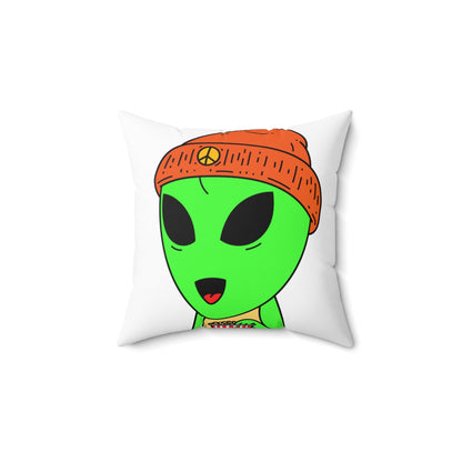 Green Alien Visitor Orange Peace Hat Popcorn Hand Yellow Sleeveless Spun Polyester Square Pillow