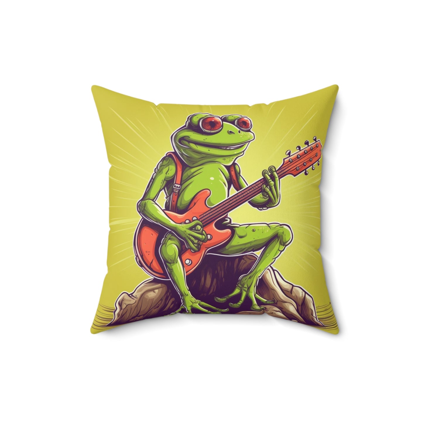 Rock Star Frog ontop Log Guitarist Graphic Instrumental Spun Polyester Square Pillow