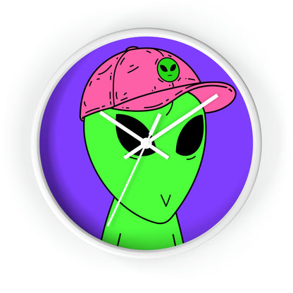 Green Alien V Face Pink Visi hat Visitor Wall clock