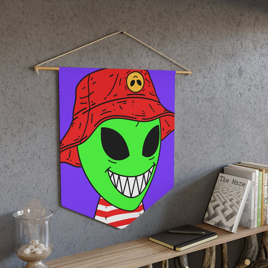 Alien Character Cartoon Red Hat Striped Shirt Big Smile Pennant