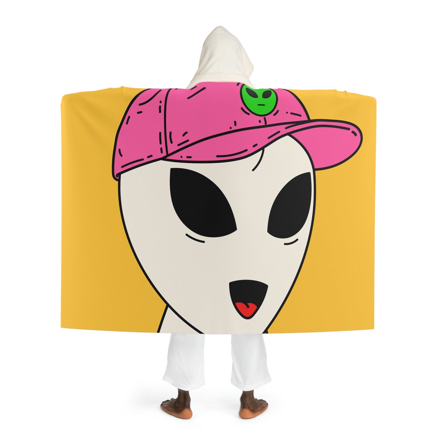 White Alien Smile Pink Hat Visitor Large Eyes Hooded Sherpa Fleece Blanket