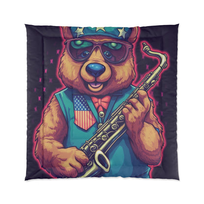 Jazz Stars and Stripes: Celebrate 4th of July with the Patriotic Bear's Saxophone Comforter