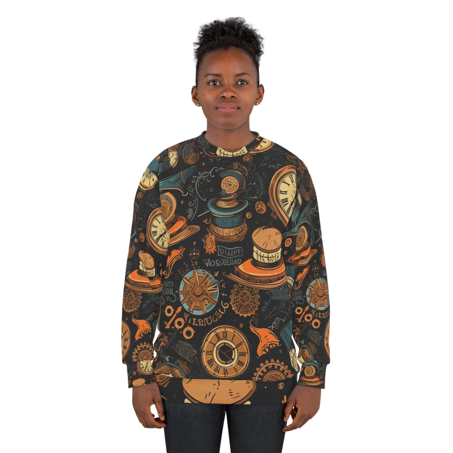 Estética Steampunk: sudadera unisex con diseño de engranajes, sombreros de copa y relojes vintage (AOP) 