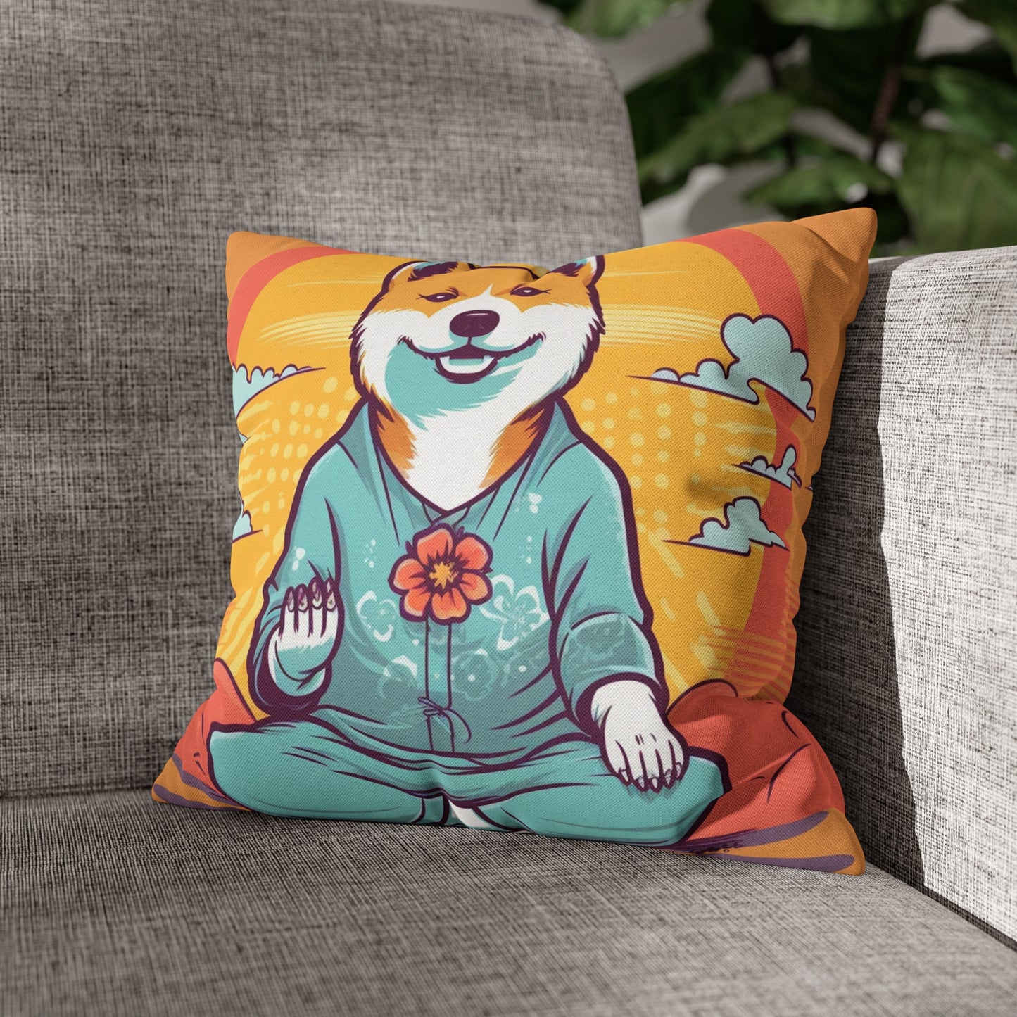 Shiba Inu Yoga Crypto Dog Namaste japonés: funda de almohada cuadrada de poliéster hilado 