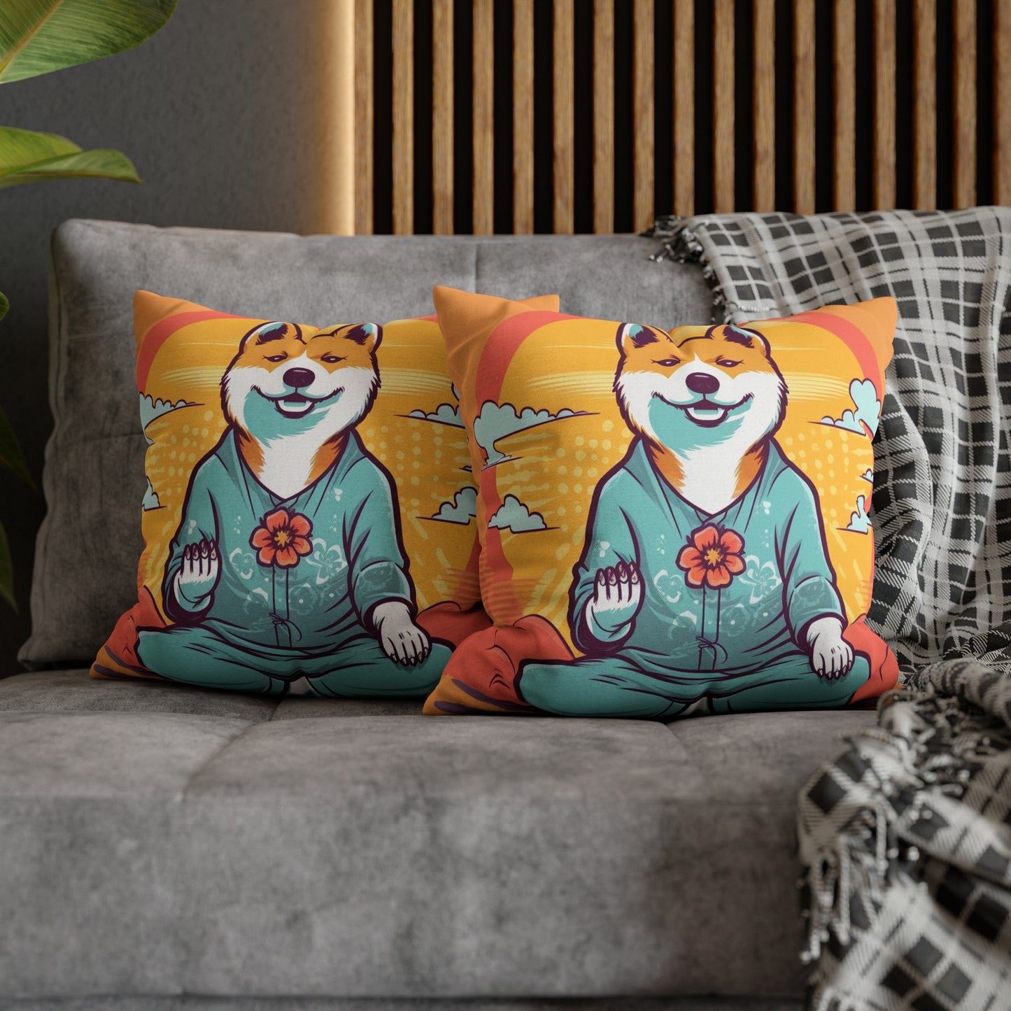 Shiba Inu Yoga Crypto Dog Namaste japonés: funda de almohada cuadrada de poliéster hilado 