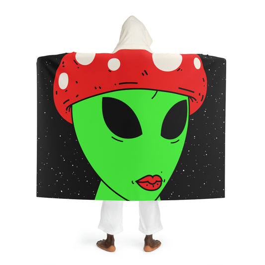 Mushroom Head Green Alien Visitor w/ Red Lips Hooded Sherpa Fleece Blanket