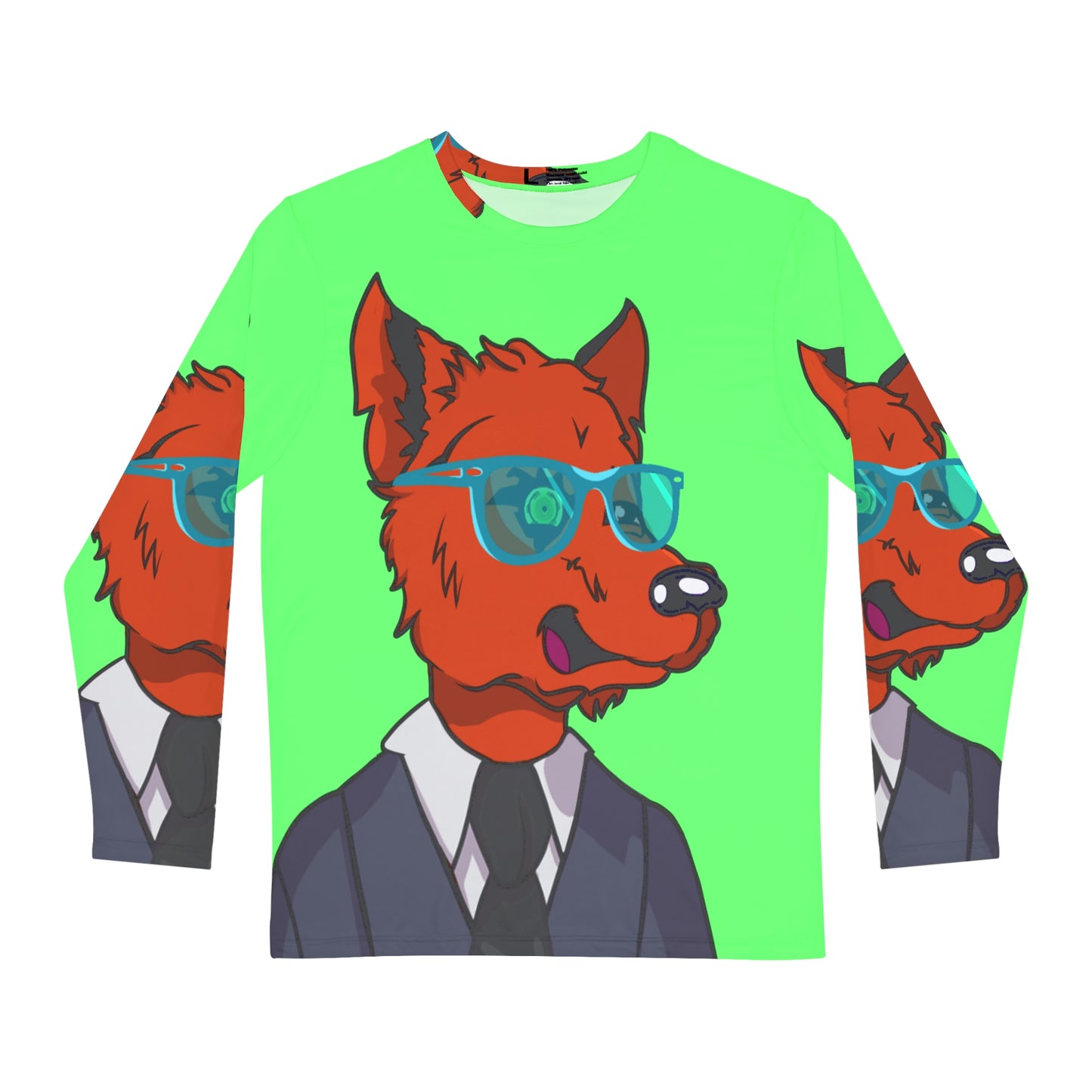 Cyborg Wolf Grey Suit Black Tie Blue Glasses Orange Fur Men's Long Sleeve AOP Shirt