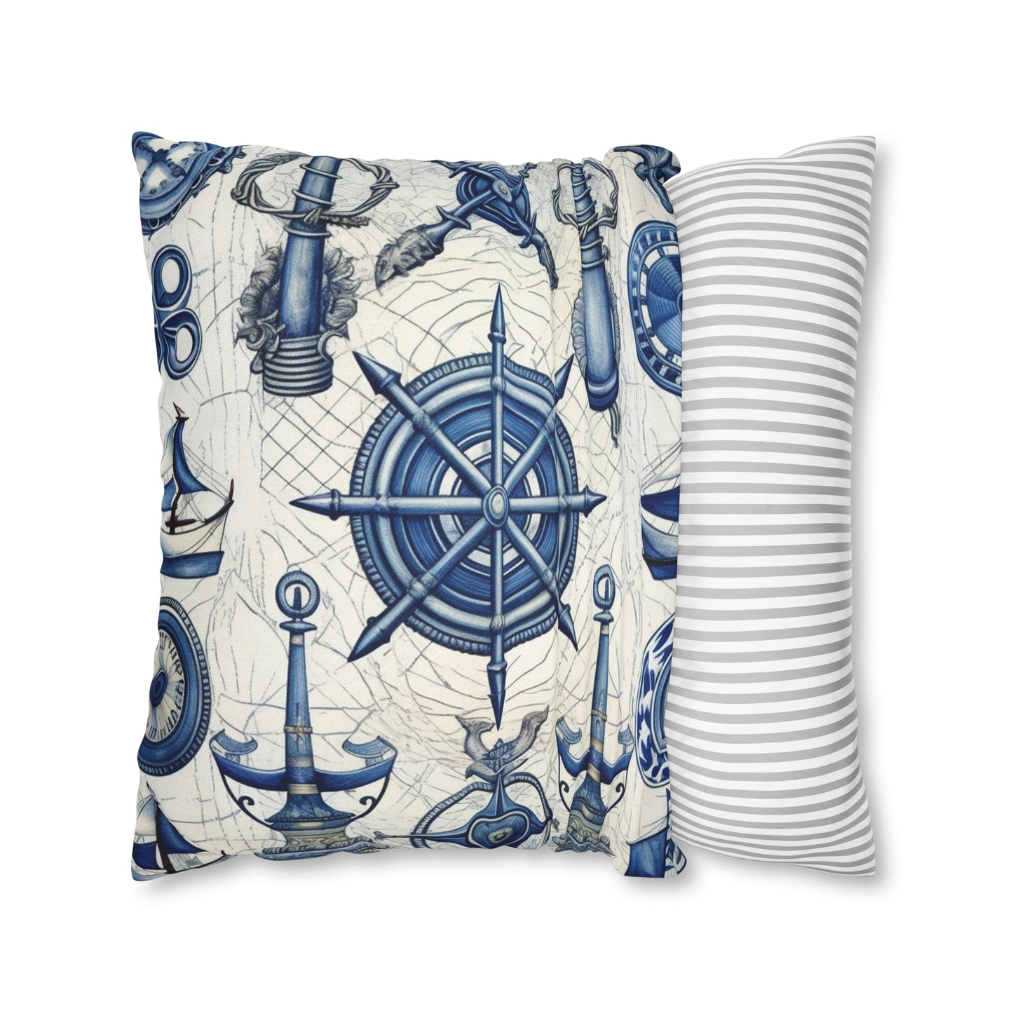 Nautical Theme Art - Anchors, Ropes, Compass Spun Polyester Square Pillow Case