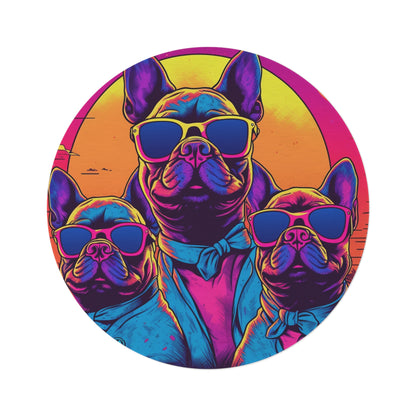 Retro Synthwave French Bulldogs Cartoon - Animated Summer Design Round Rug