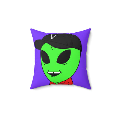 Missing Tooth Red Collar Green Alien with Visitor V Black Hat Spun Polyester Square Pillow