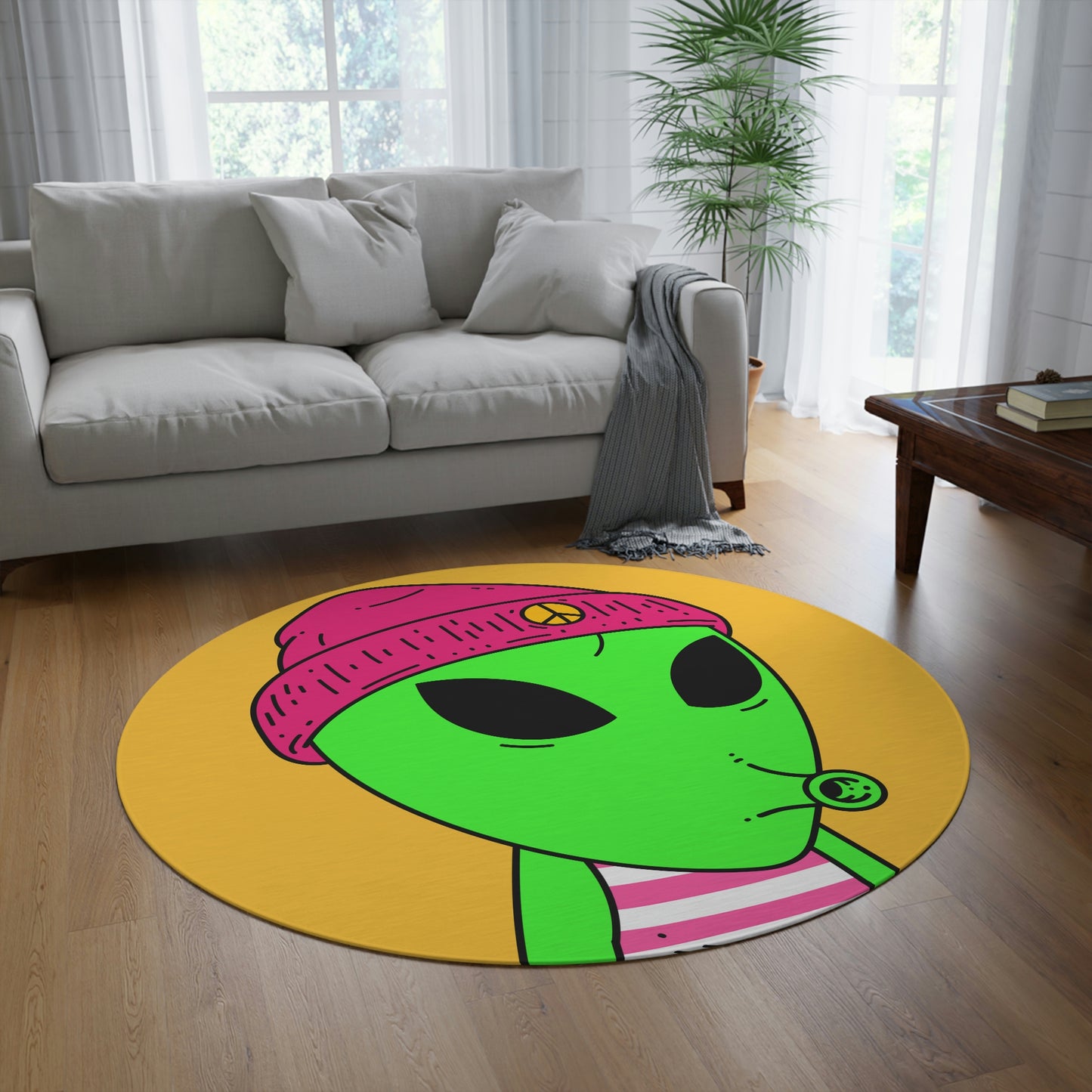 Pink Peace Hat Striped Shirt Visitor Green Snoot Mouth Round Rug - Visitor751