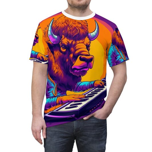 American Bison Buffalo PianoKeyboard Reproductor de música Camiseta unisex cortada y cosida (AOP) 