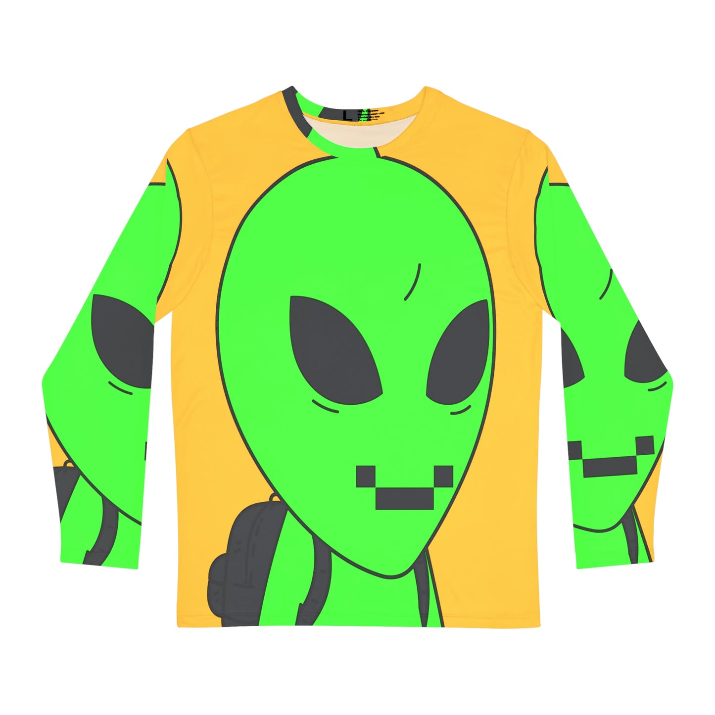 Green Alien Visitor Digital Face Black Backpack Men's Long Sleeve AOP Shirt