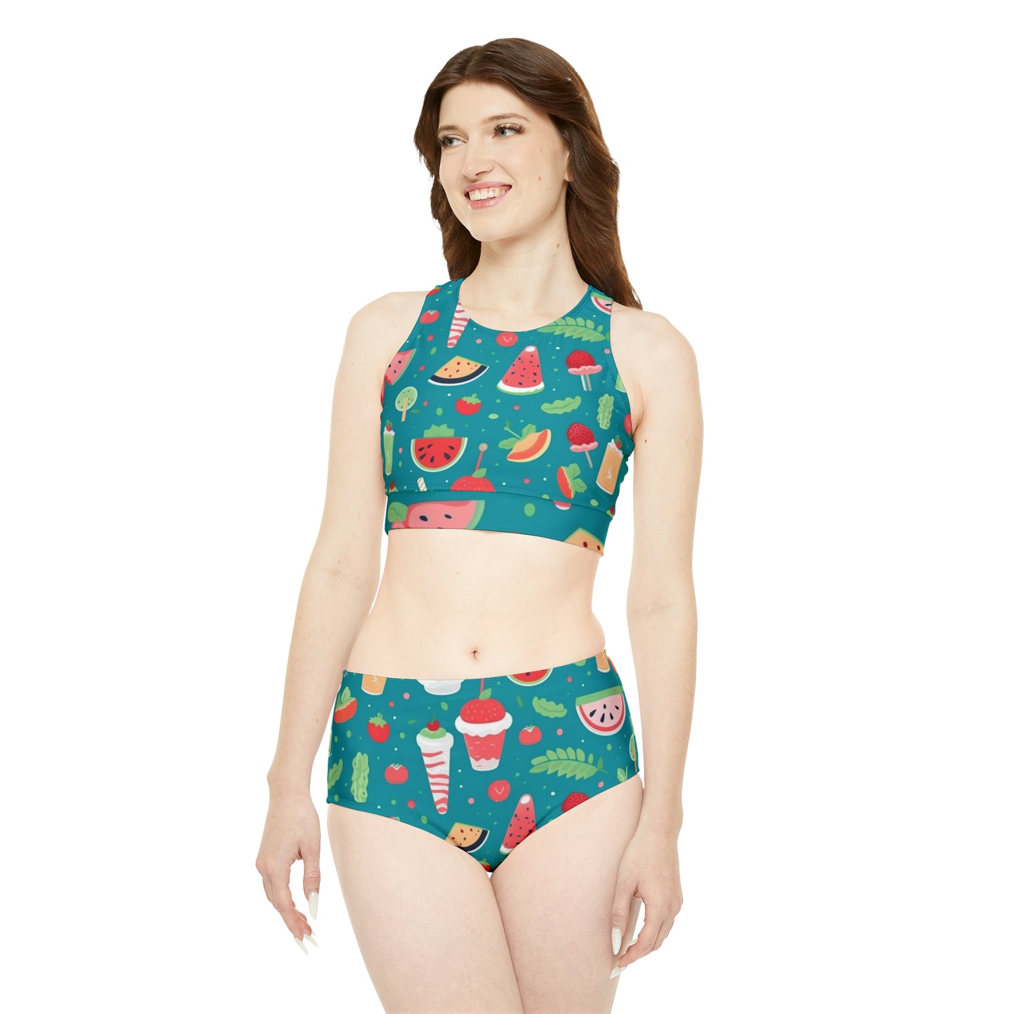 Quirky Summer Food Watermelon Ice Cream Cocktail Pattern Sporty Bikini Set (AOP)