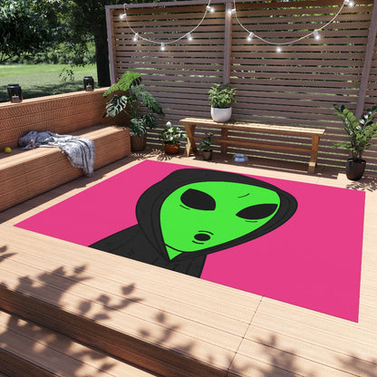 The Visitor Green Alien Black Hoodie Pink Background Outdoor Rug