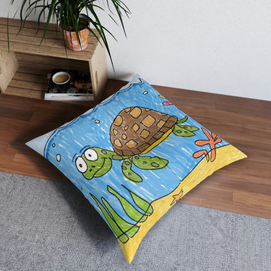 Sea Turtle Beach Sand Ocean Tufted Floor Pillow, Square