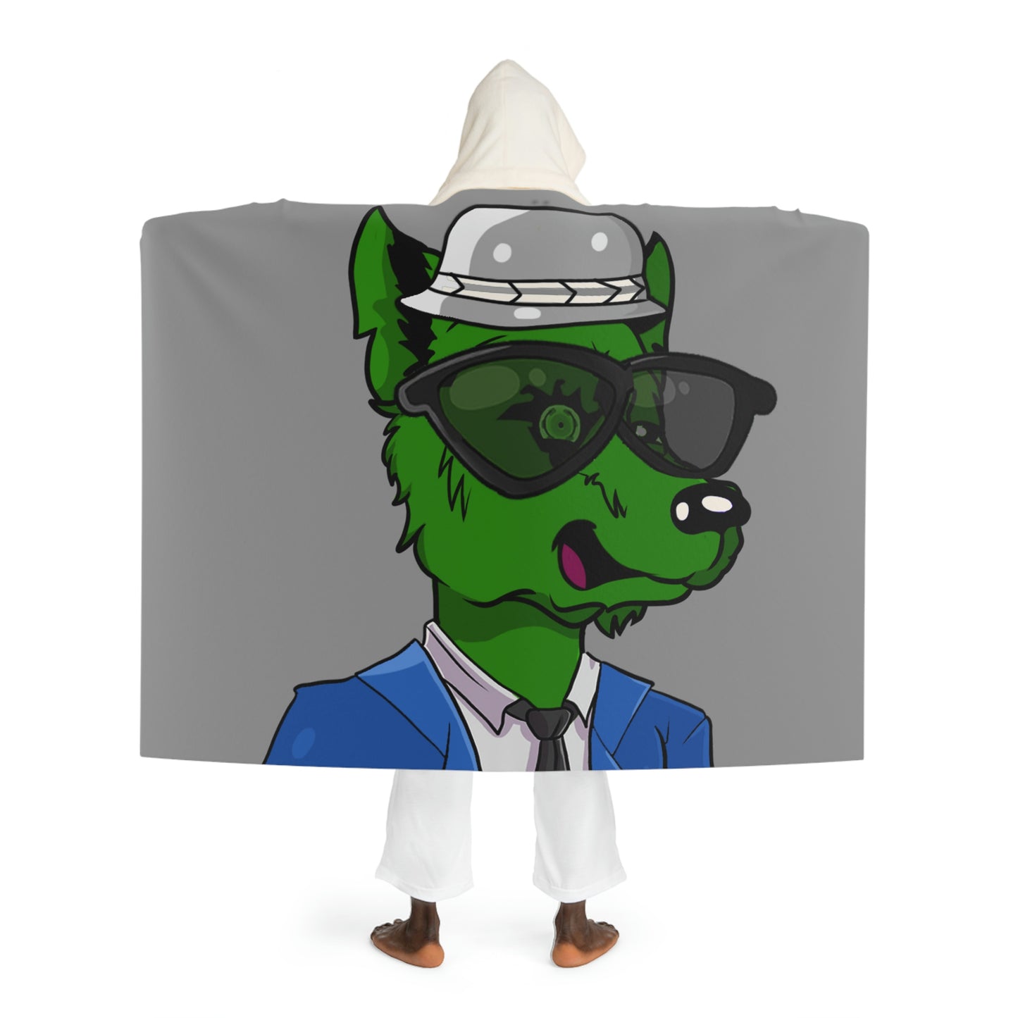 Cyborg Wolf Blue Suit Black Tie Green Fur Black Shades grey Fedora Hooded Sherpa Fleece Blanket