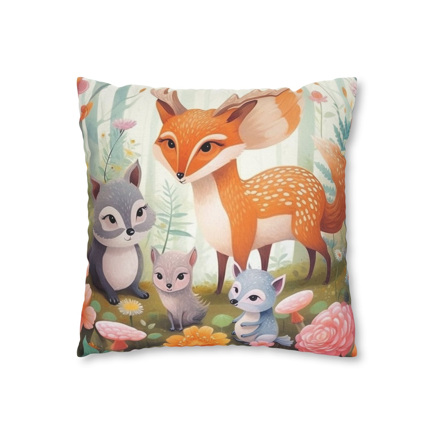 Cute Woodland Creatures Whimsical Animal Art Spun Polyester Square Pillow Case