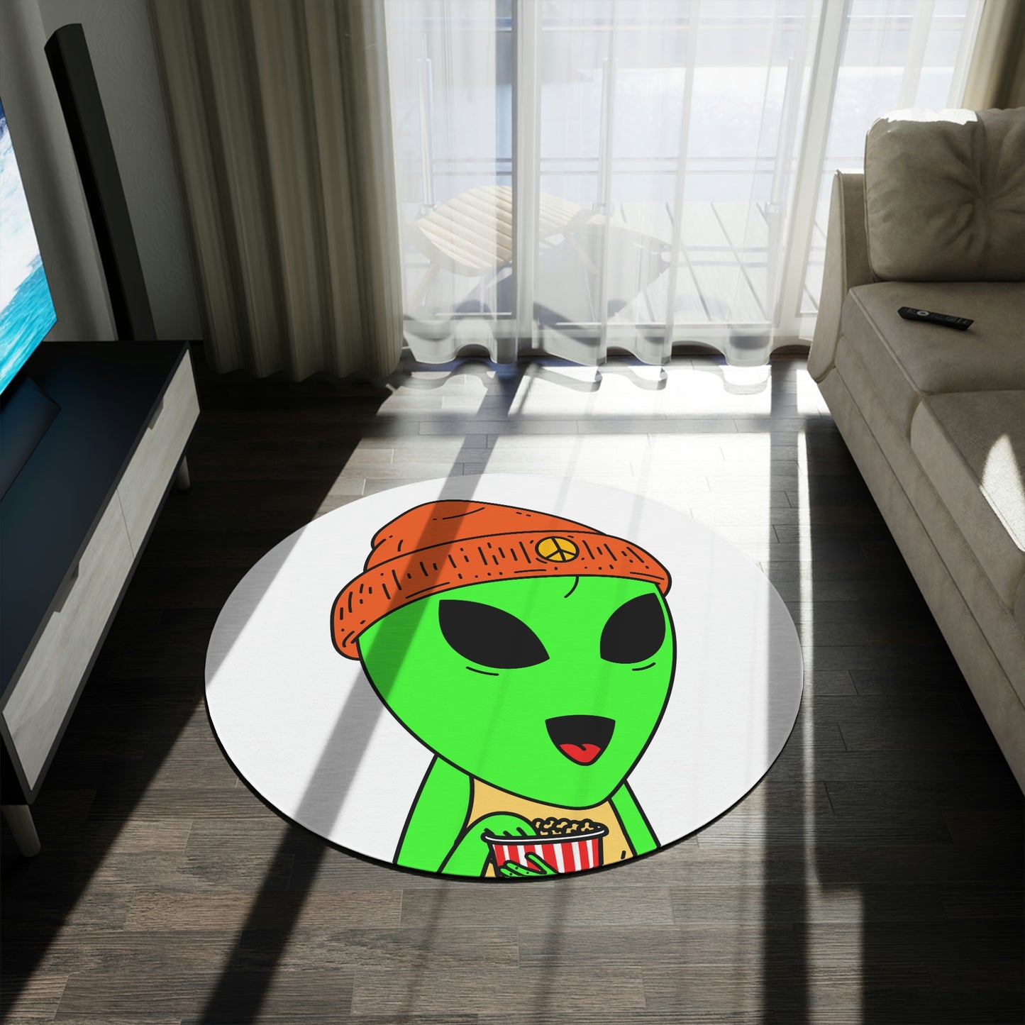 Green Alien Visitor Orange Peace Hat Popcorn Hand Yellow Sleeveless Round Rug - Visitor751