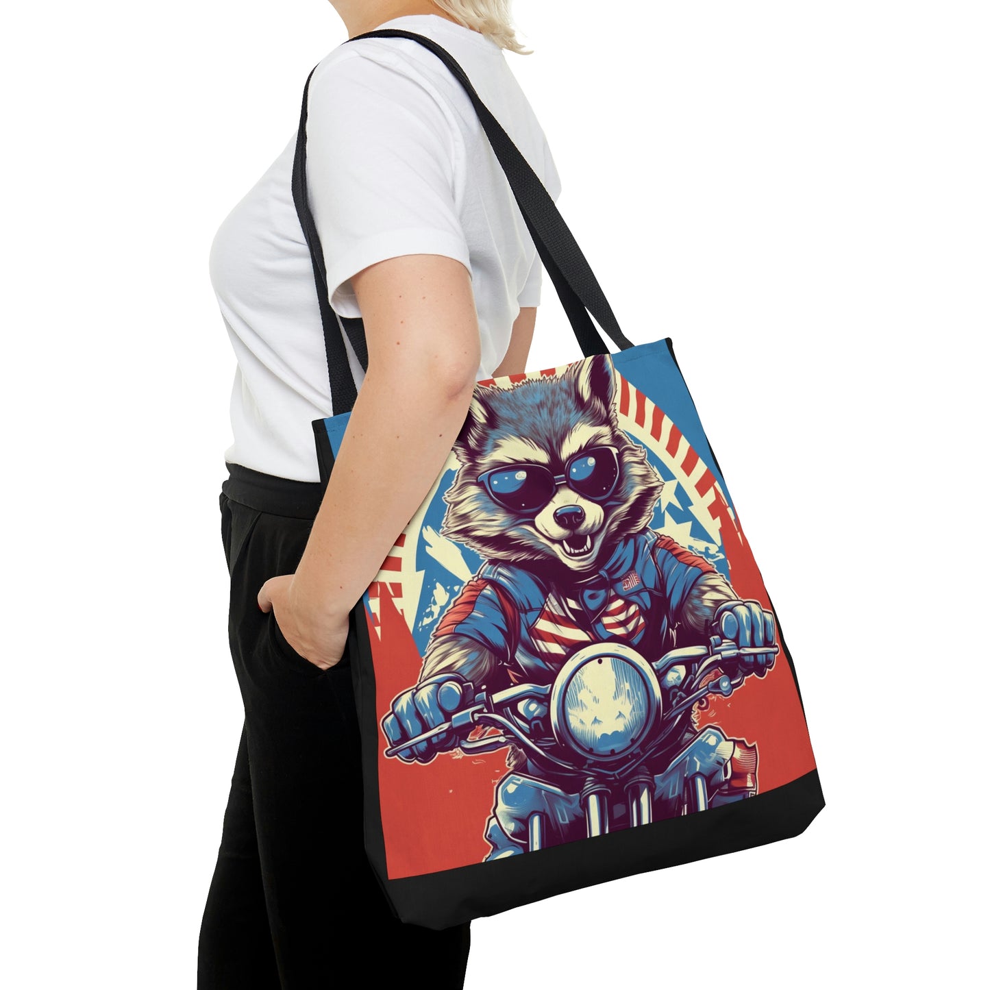 Raccoon Motorcycle Bike Rider Furry Animal Graphic Tote Bag (AOP)