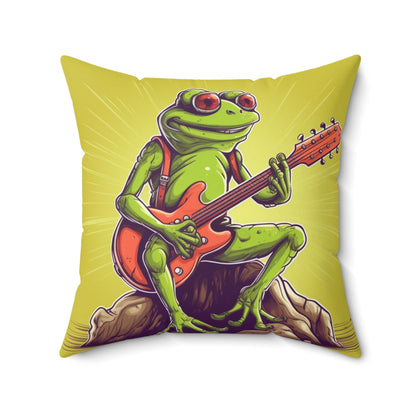 Rock Star Frog ontop Log Guitarist Graphic Instrumental Spun Polyester Square Pillow