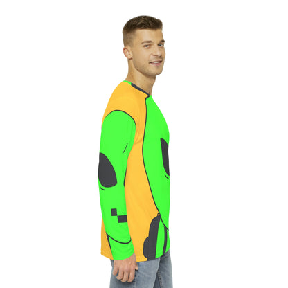 Green Alien Visitor Digital Face Black Backpack Men's Long Sleeve AOP Shirt