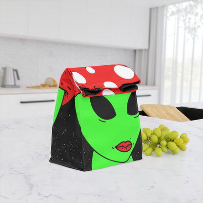 Mushroom Head Green Alien Visitor w/ Red Lips Polyester Lunch Bag